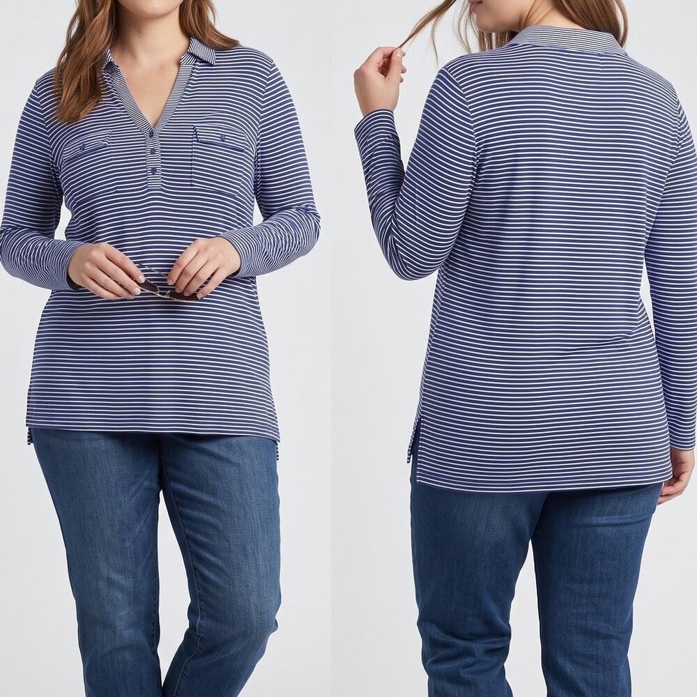 Liz Claiborne XL Blue White Stripe 100% Rayon Collared Top Long Roll Tab Sleeve